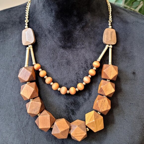 Unbranded Jewelry - VTG Womens Brown Wood Bead Geometric Cut Chunky Boho Necklace with Lobster Clasp